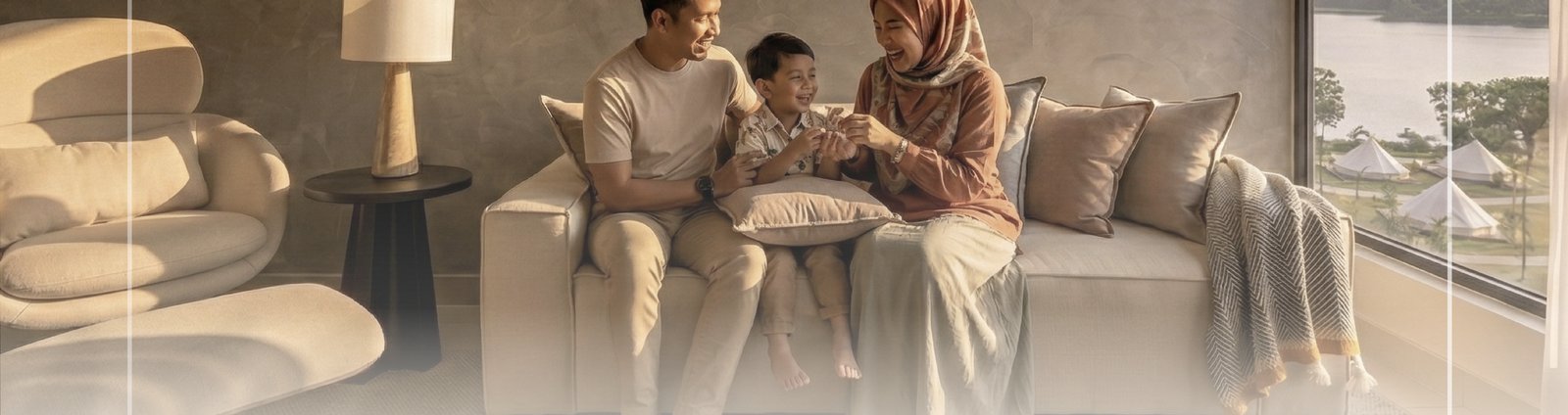 Family relaxing in a serviced apartment living room overlooking the lake