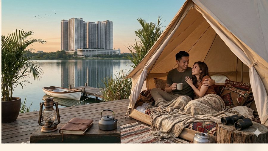 Couple glamping by the lake with the Astra 2 towers in view