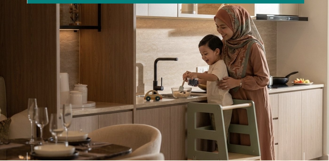 Family in the kitchen of a serviced apartment at Astra 2