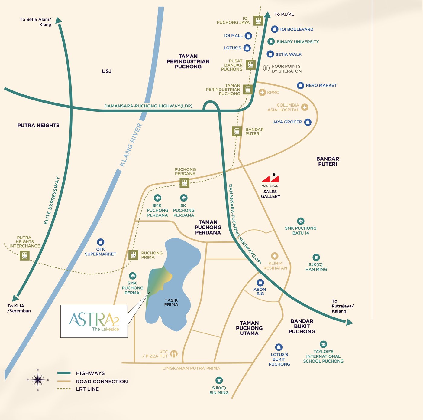 Map of Astra 2, The Lakeside and surrounding Puchong amenities