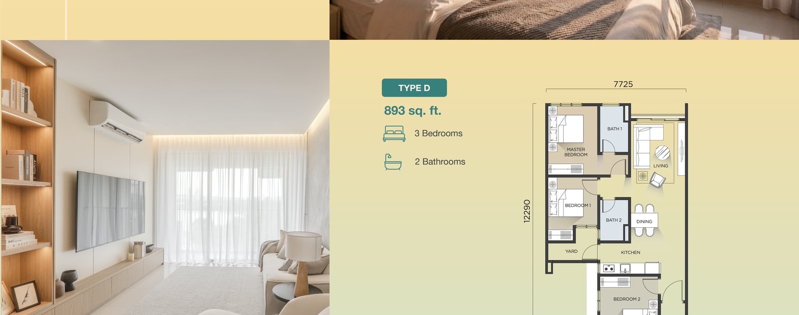 Type D floor plan and interior photos