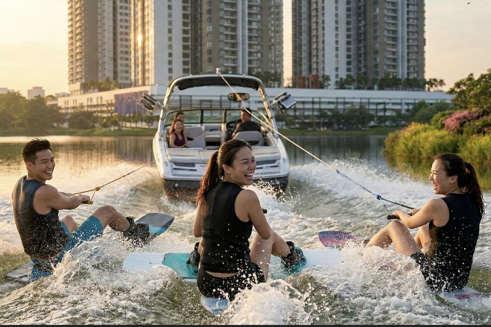 Residents wakeboarding on the lake at sunset